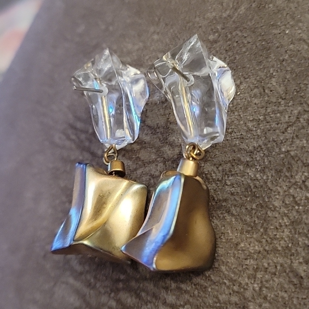VTG Chunky Acrylic Twisted Mod Cubism Statement Dangle Post Earrings - Picture 4 of 4